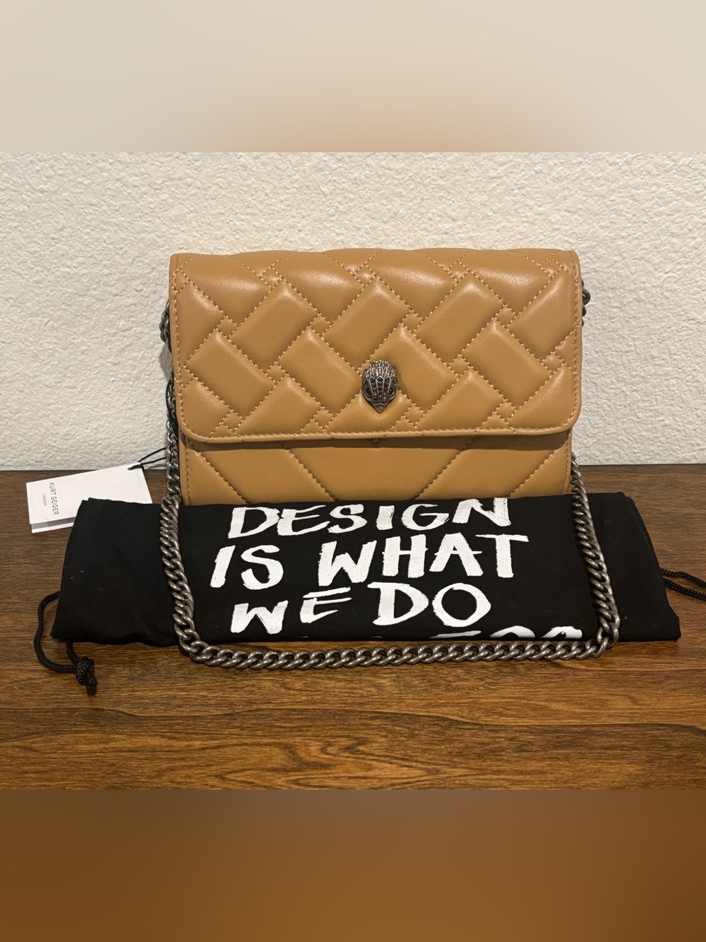 Kurt Geiger Quilted Crossbody Bag in Tan with Gun Metal Chain